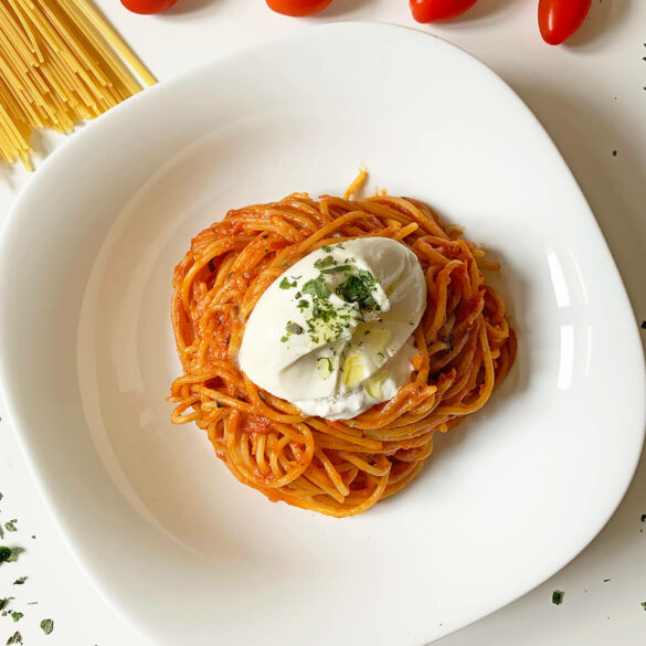 Spaghetti z burratą w sosie pomidorowym